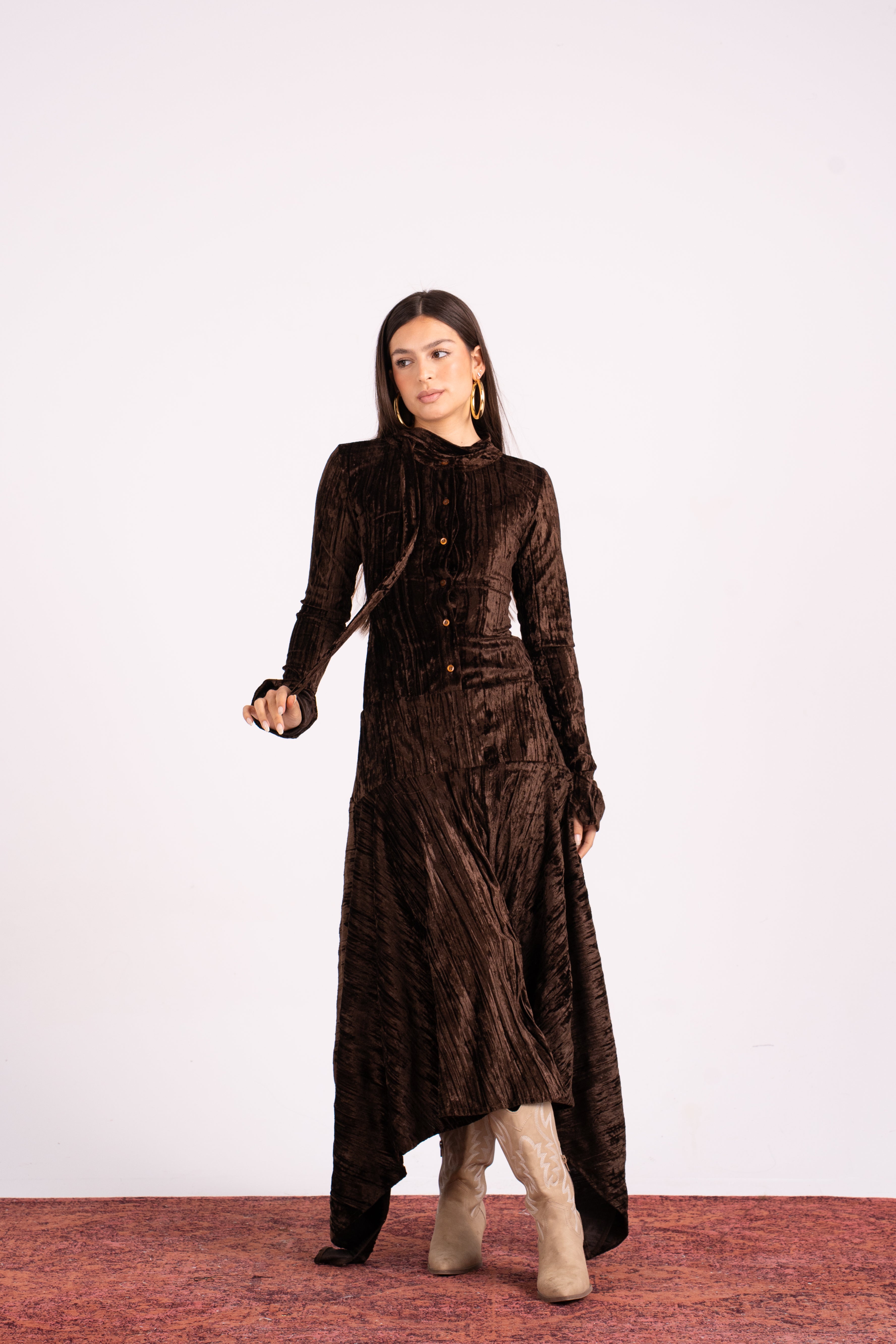 Flared Velvet Dress Brown