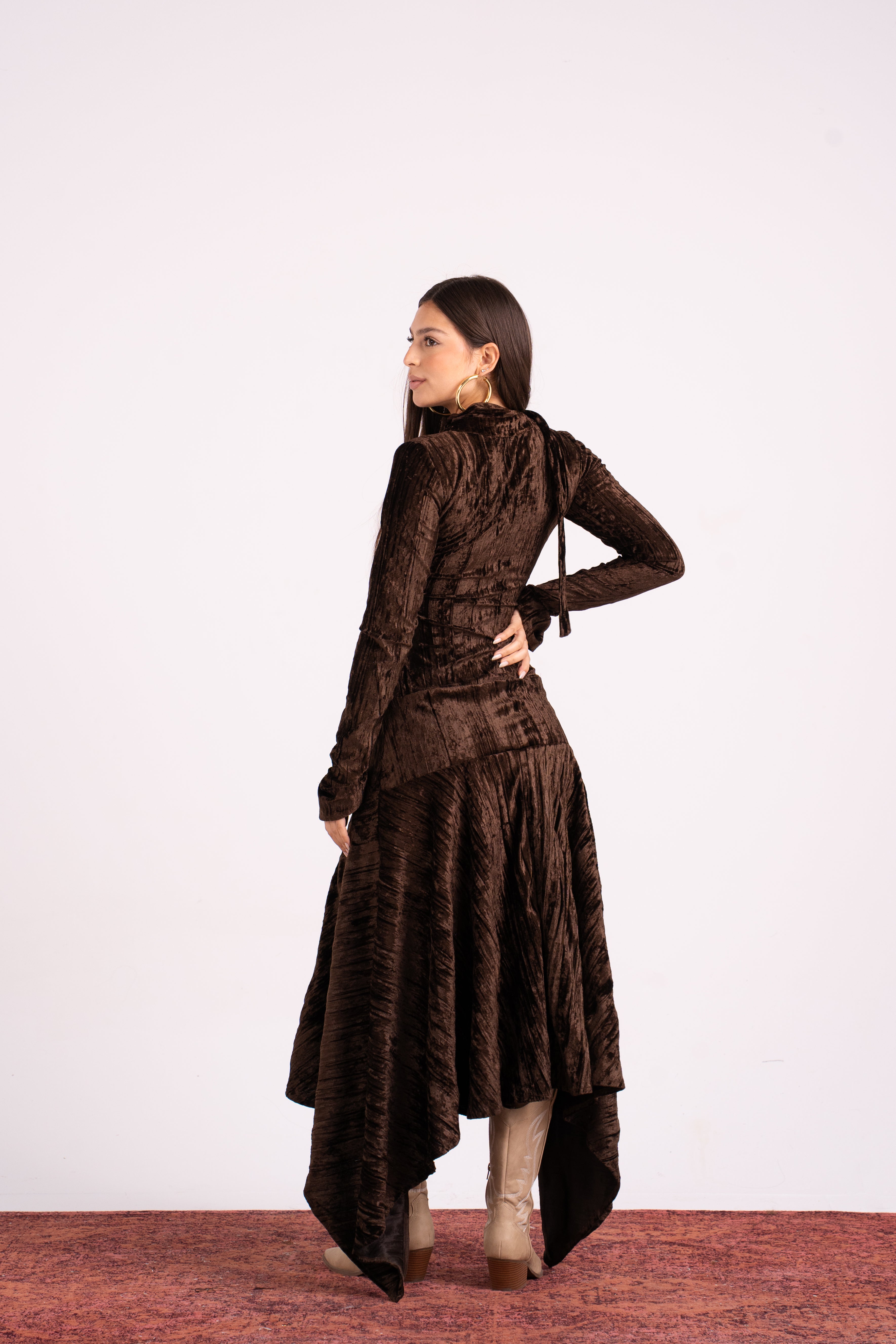 Flared Velvet Dress Brown