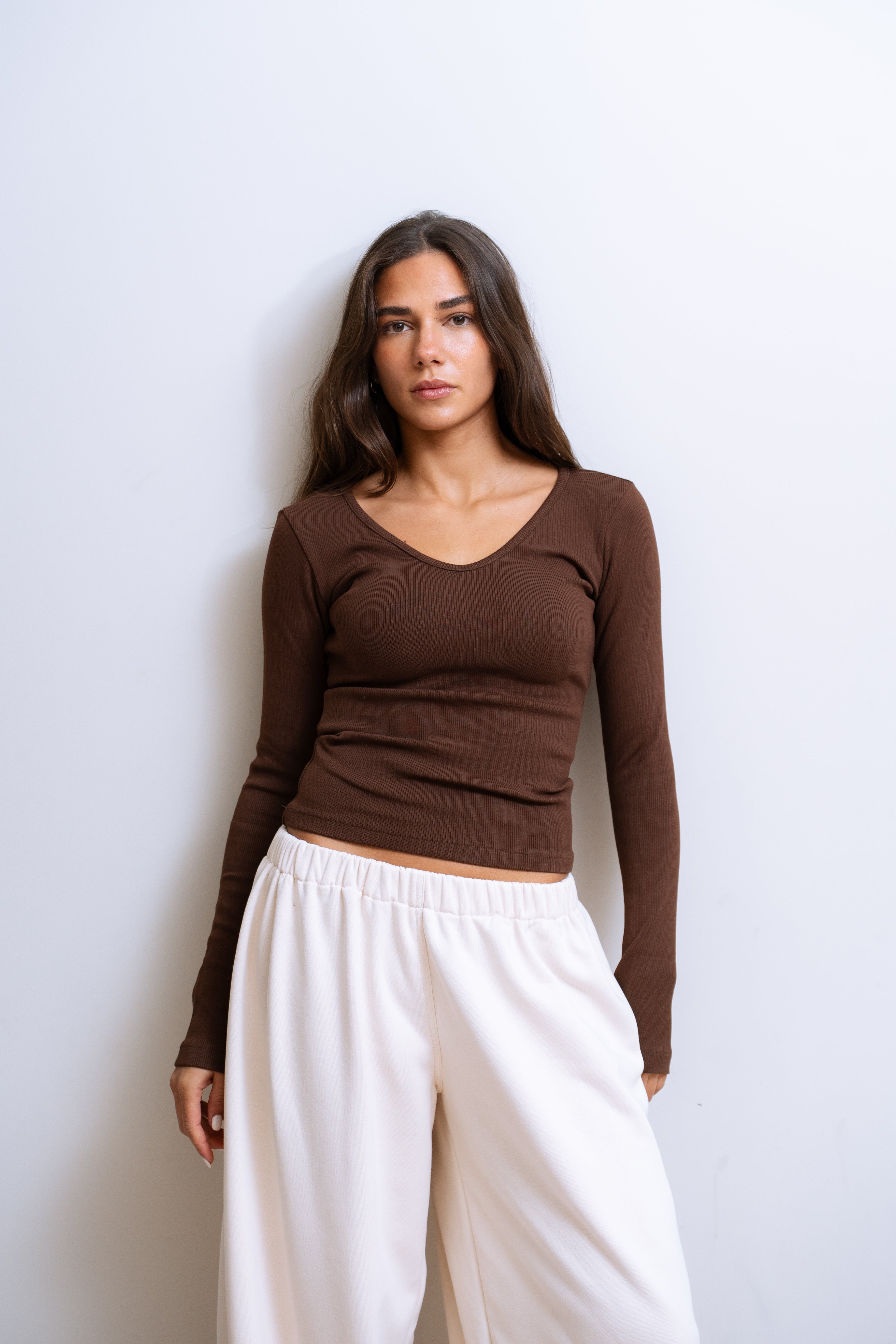 Ribbed V-Neck Long Sleeve