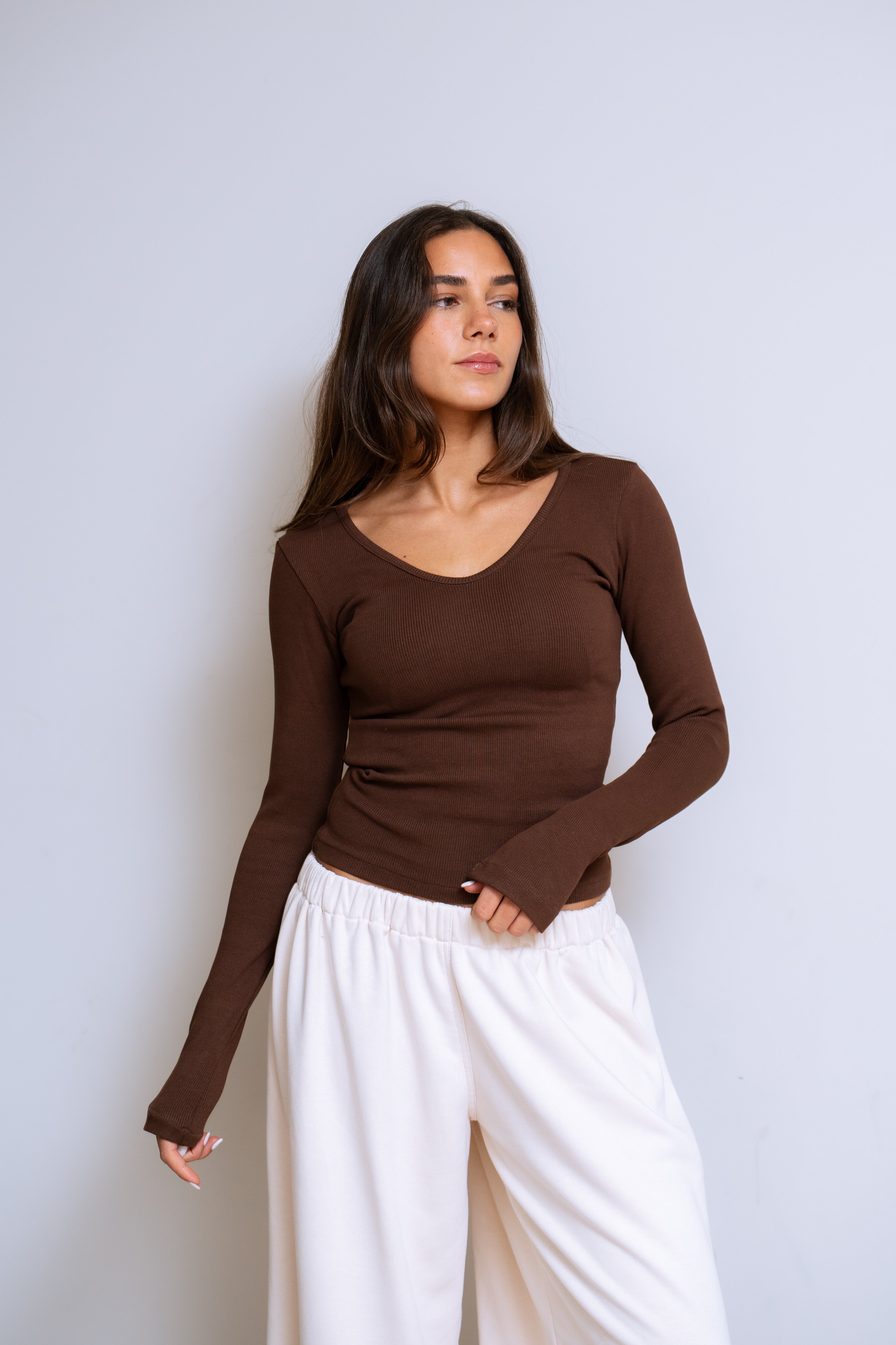 Ribbed V-Neck Long Sleeve
