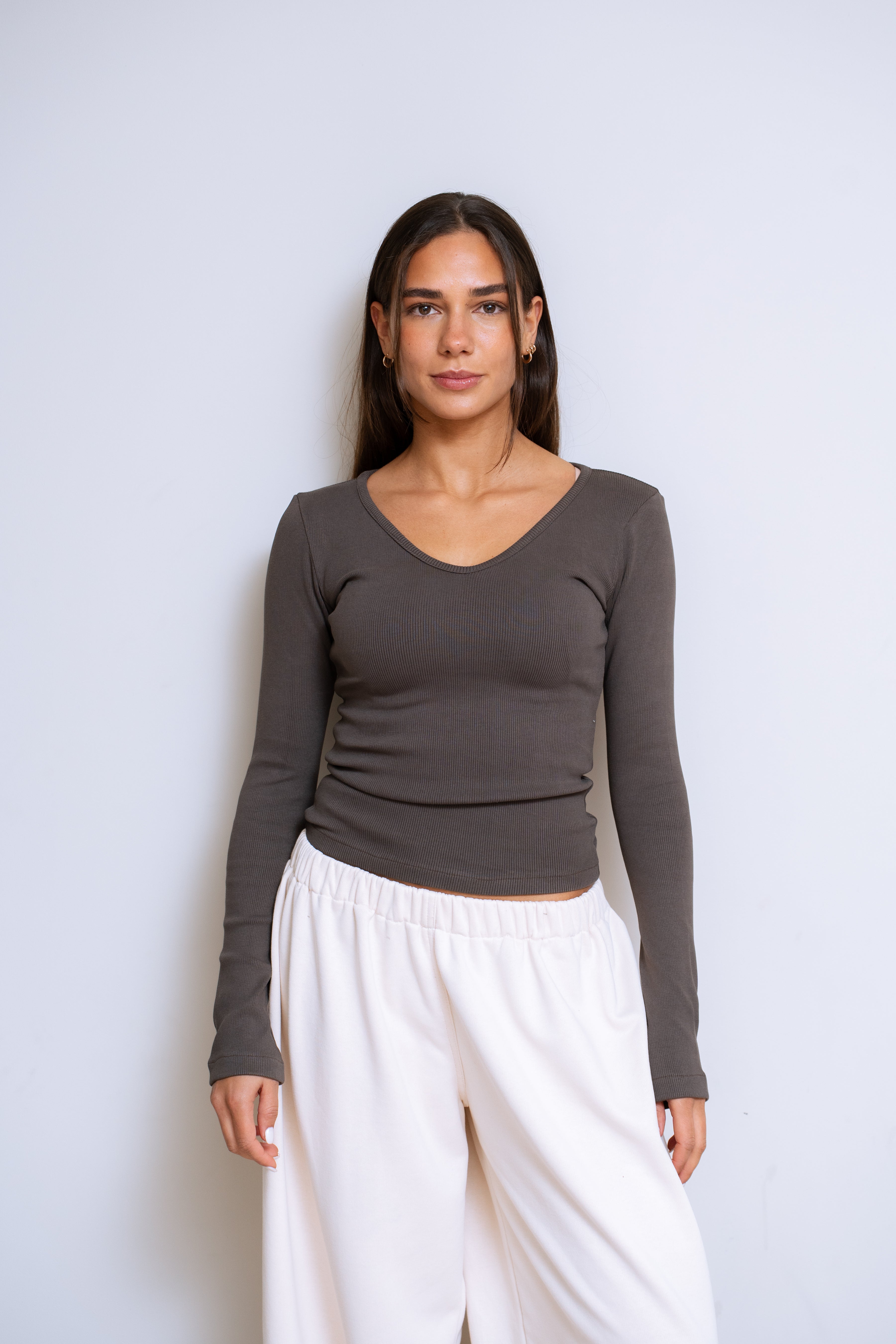 Ribbed V-Neck Long Sleeve