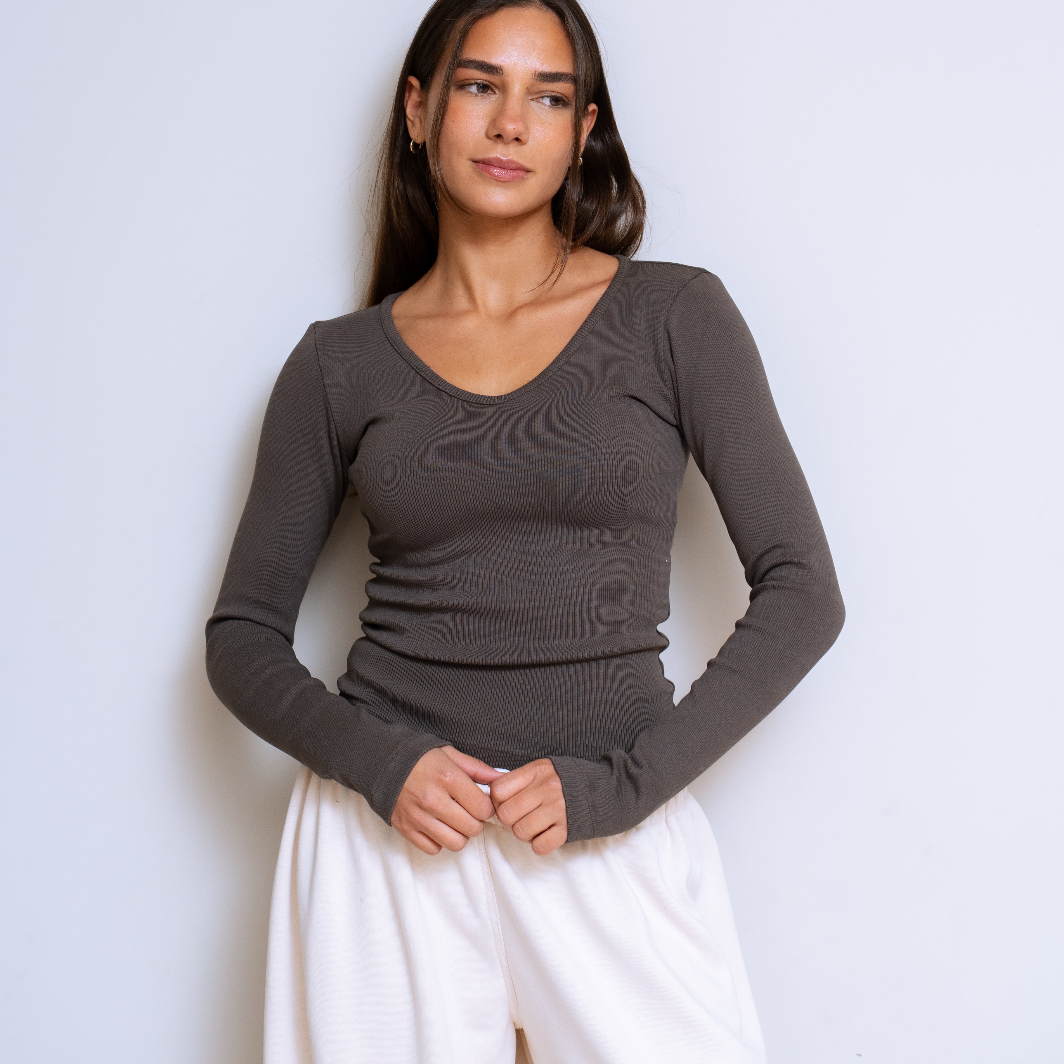 Ribbed V-Neck Long Sleeve
