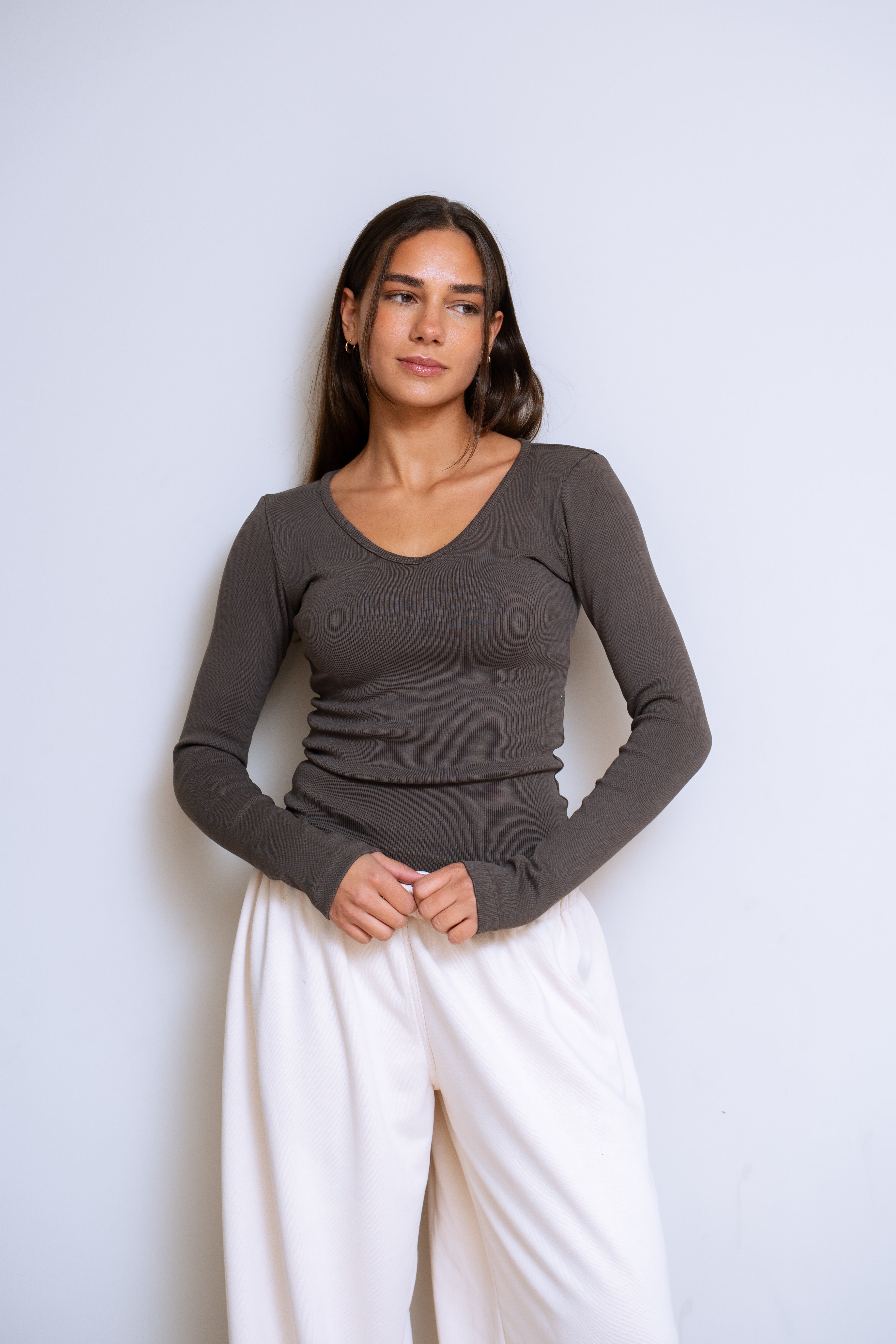 Ribbed V-Neck Long Sleeve