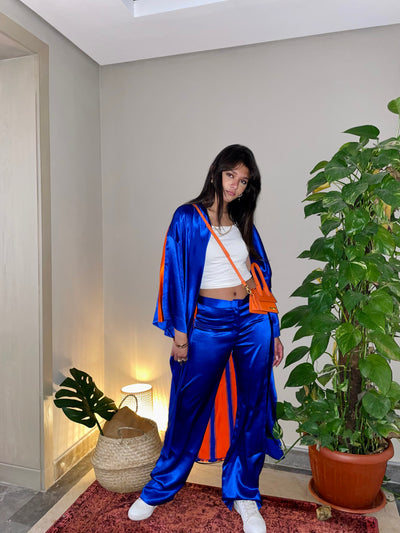 Orange Stripe Blue Kimono Set