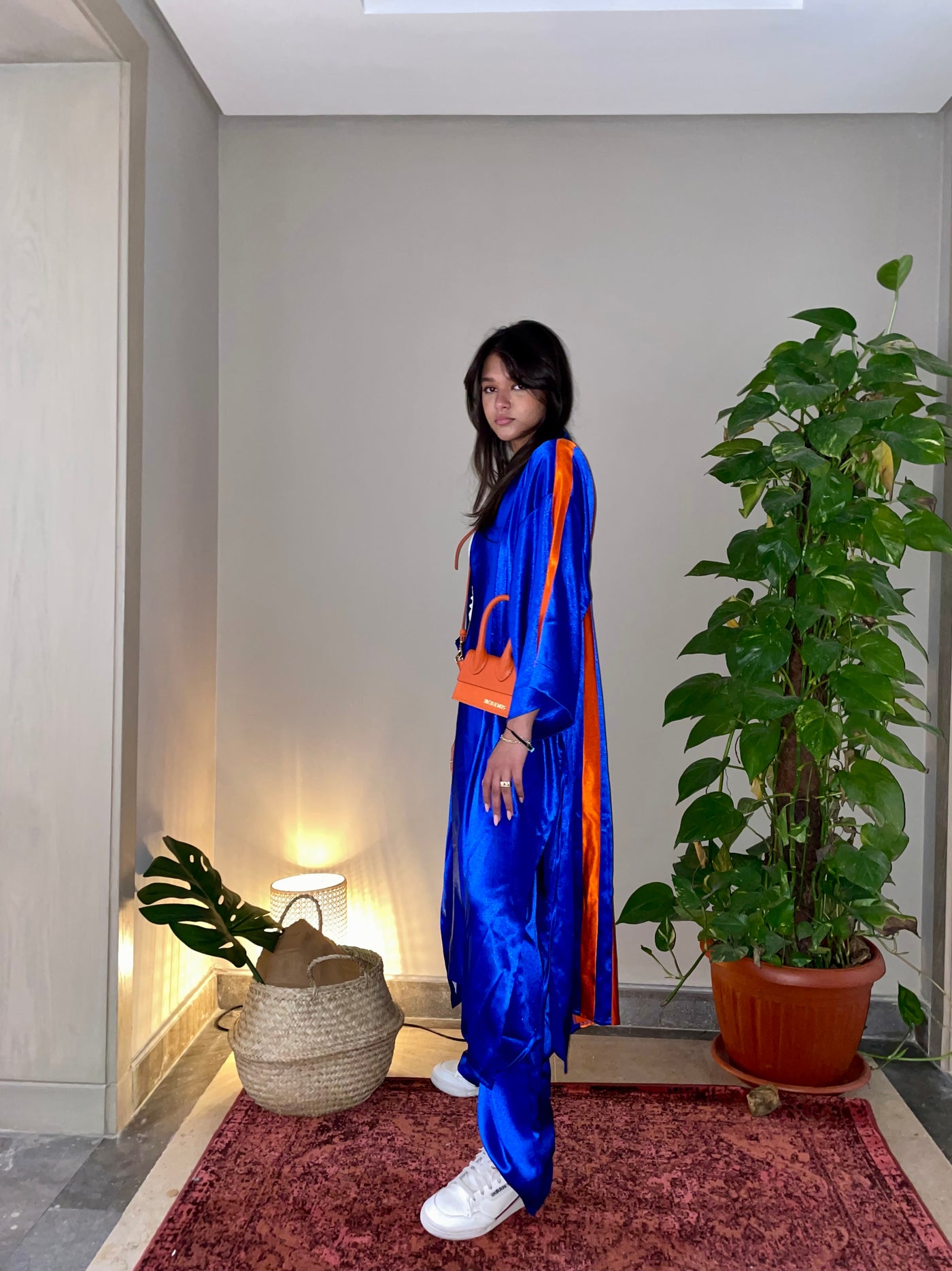 Orange Stripe Blue Kimono Set