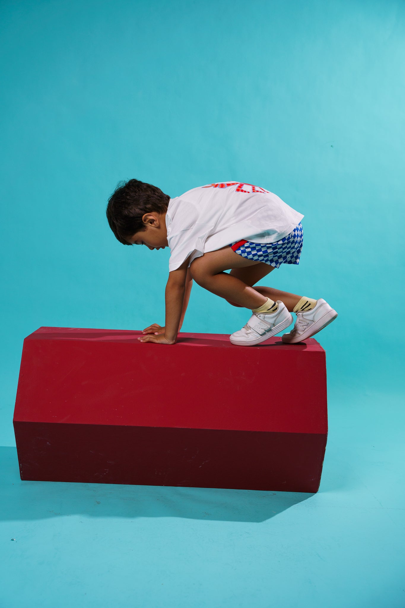 Kids Blue Checkered Short With Red Lined
