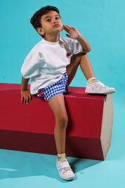 Kids Blue Checkered Short With Red Lined