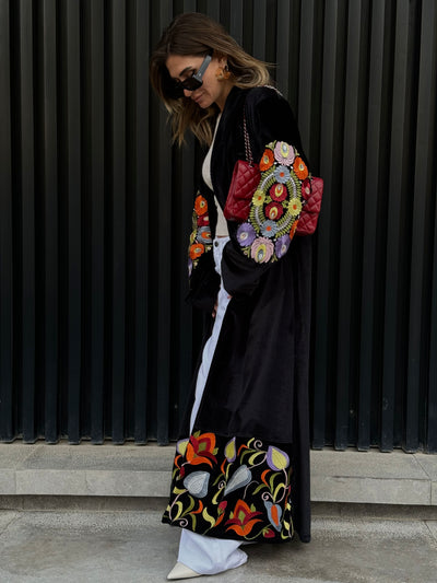 Midnight Blossom Velvet Kimono with Embroidery