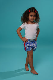Kids Blue Checkered Short With Red Lined