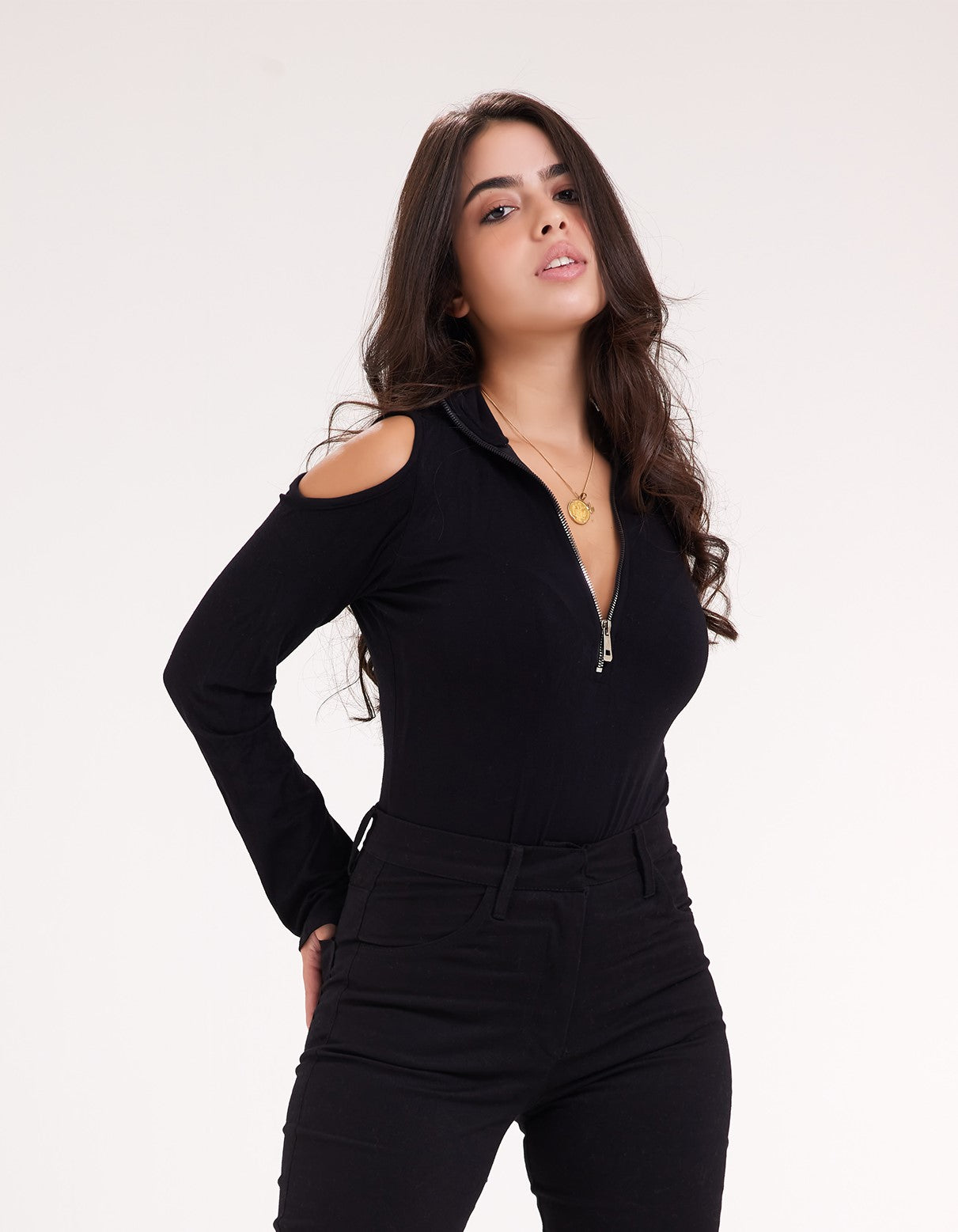 Black Bodysuit with Shoulder Cutout & Zipper